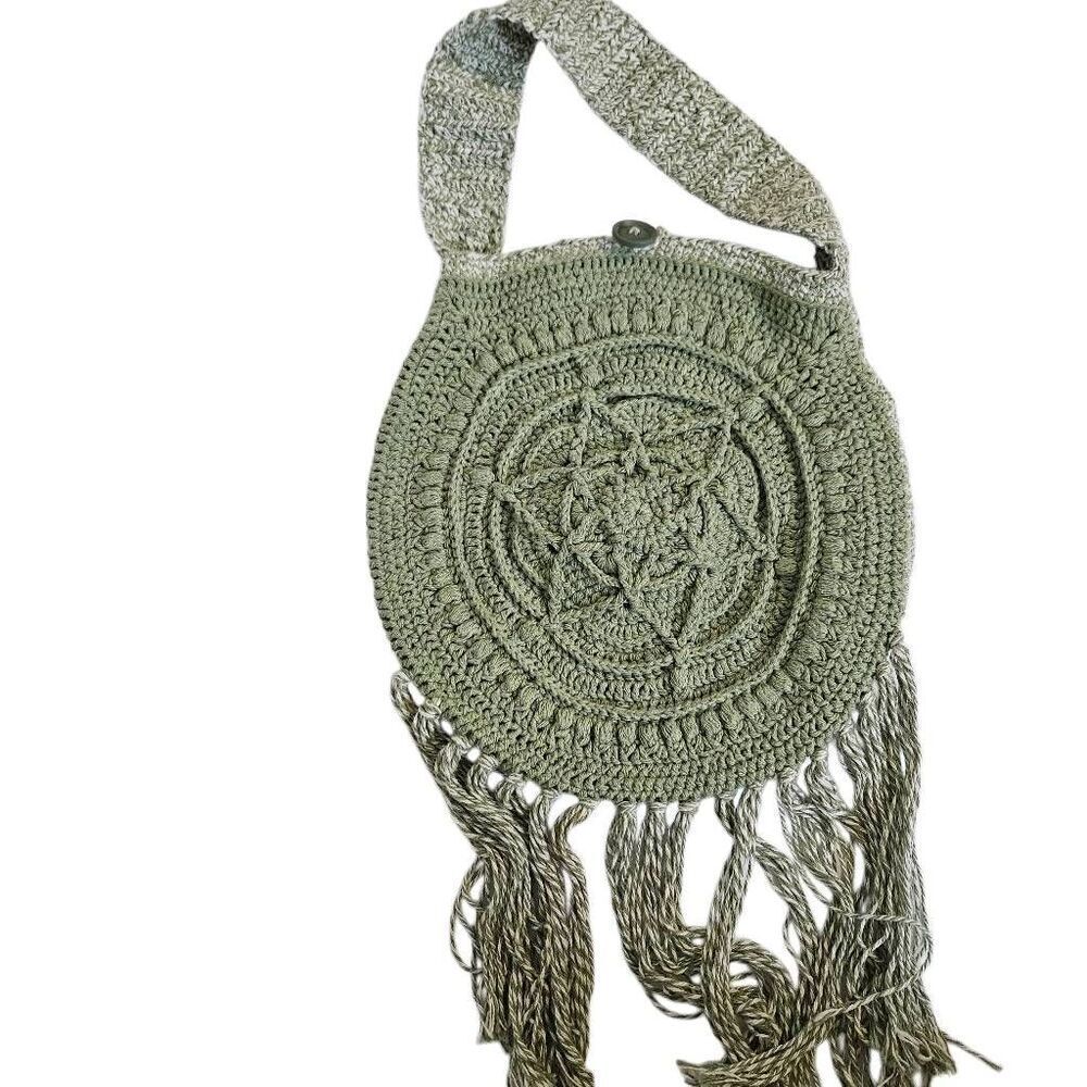 Handmade crocheted sage green boho purse with fringe.